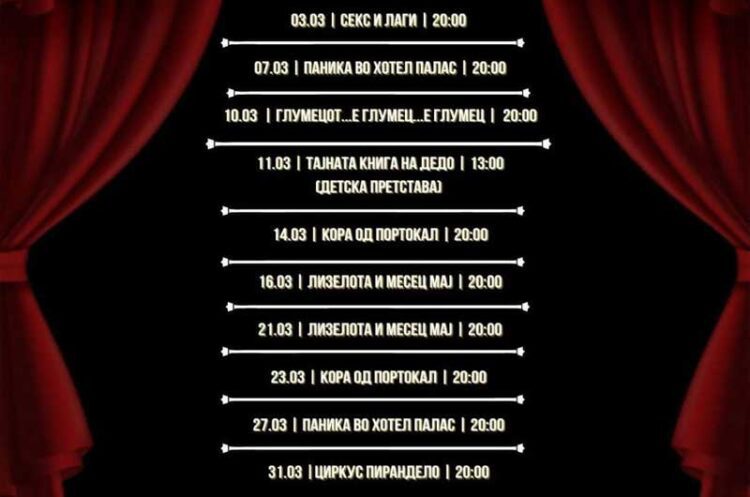 Репертоар на Струмичкиот театар за месец март