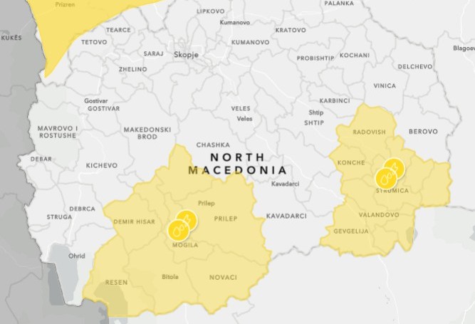 Метео аларм на УХМР: Активирано жолто ниво во регионот кај Струмица, Радовиш, Валандово и Гевгелија
